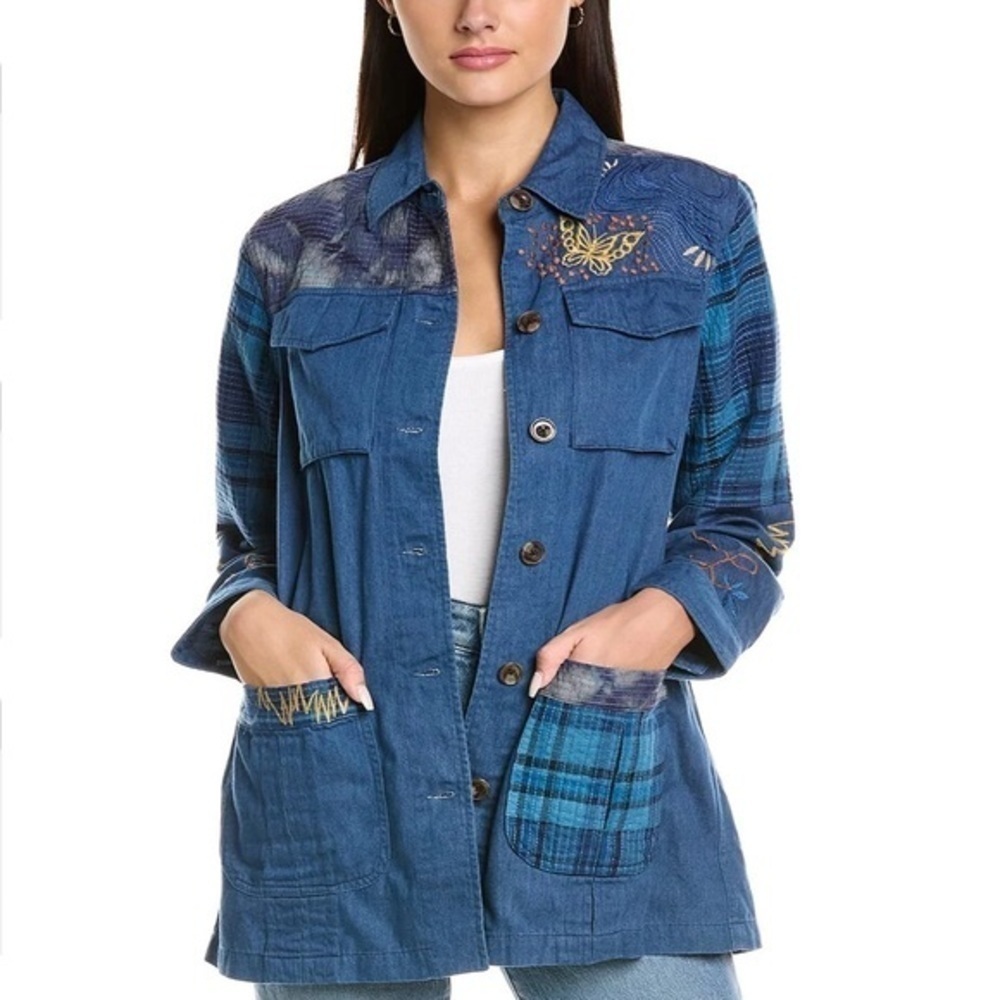 Johnny Was Moonlight Tie Dye Patchwork Military Jacket L Denim Embroidered